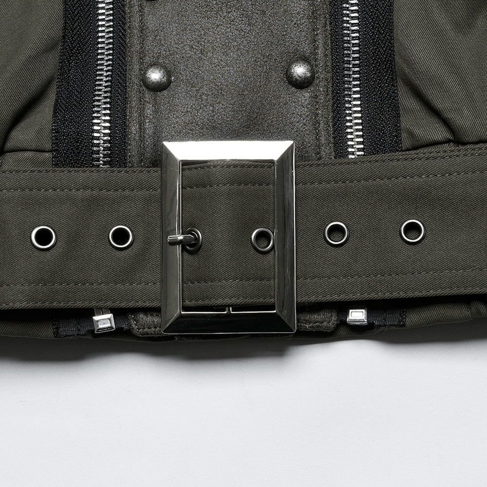 Close-up of military style short jacket belt with metal buckle and rivets, showcasing a punk aesthetic.