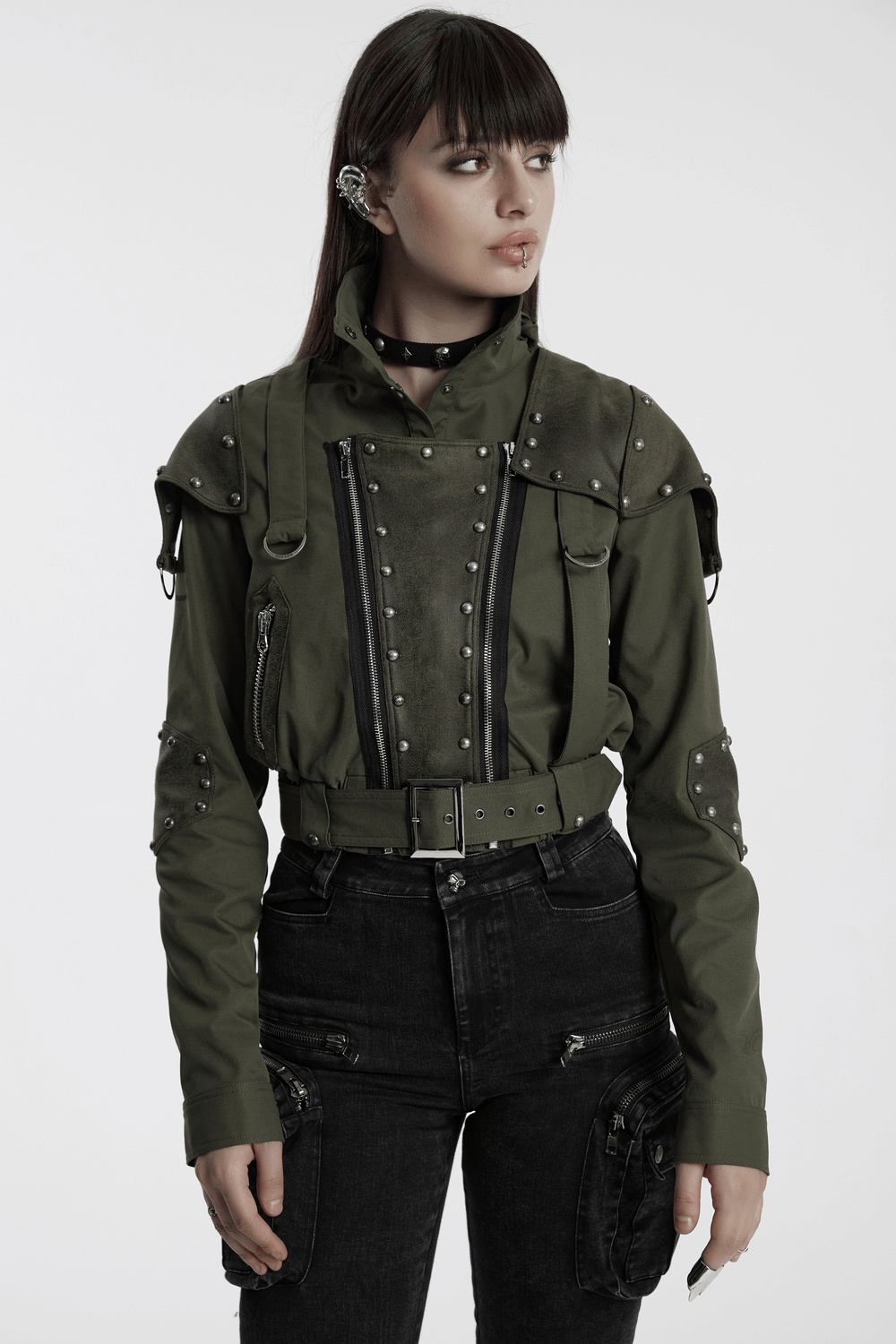 Trendy military style short jacket with distressed rivets and adjustable collar, perfect for punk fashion.