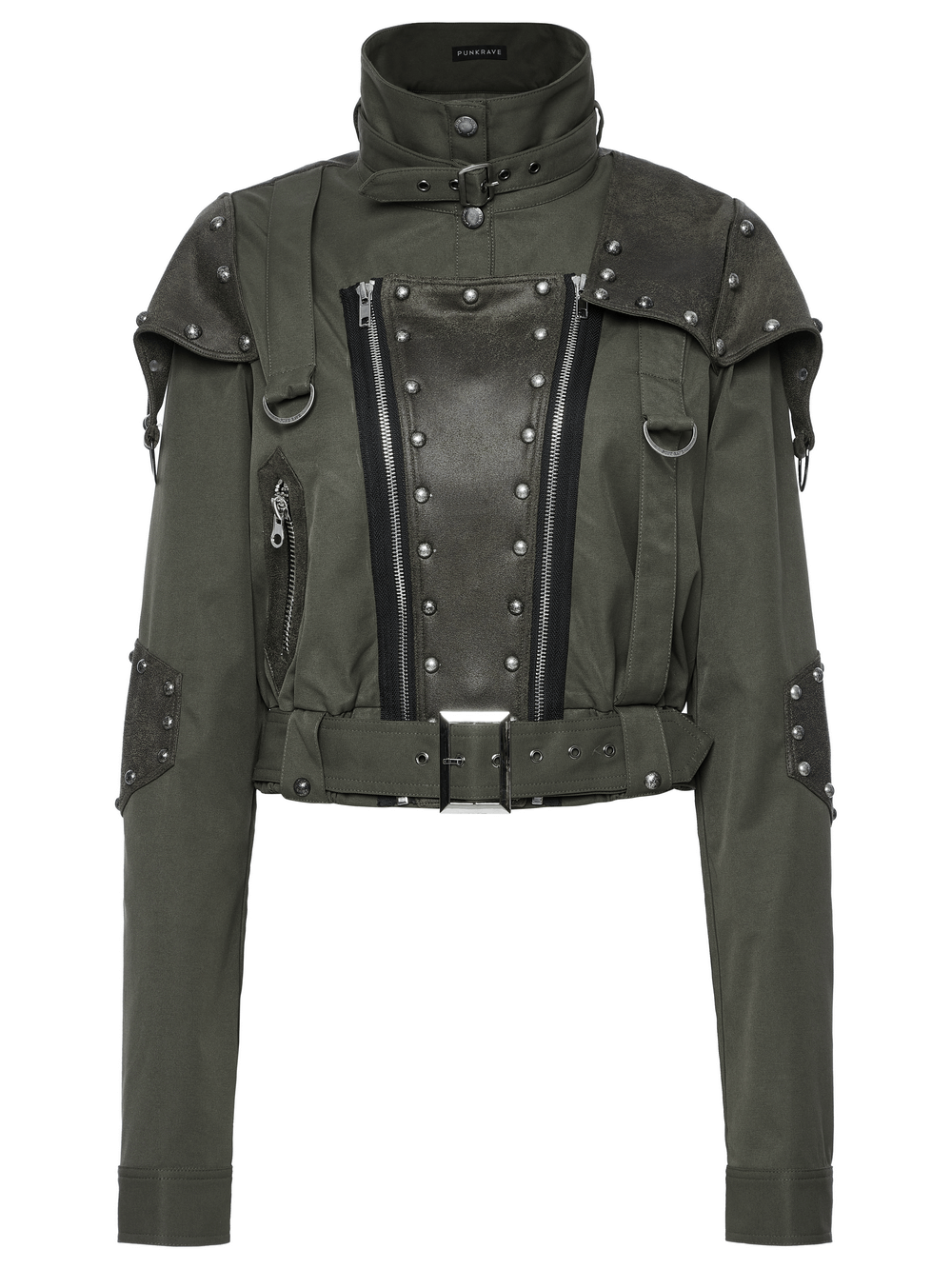 Military style short jacket with distressed rivets and adjustable collar, perfect for a punk-inspired look.