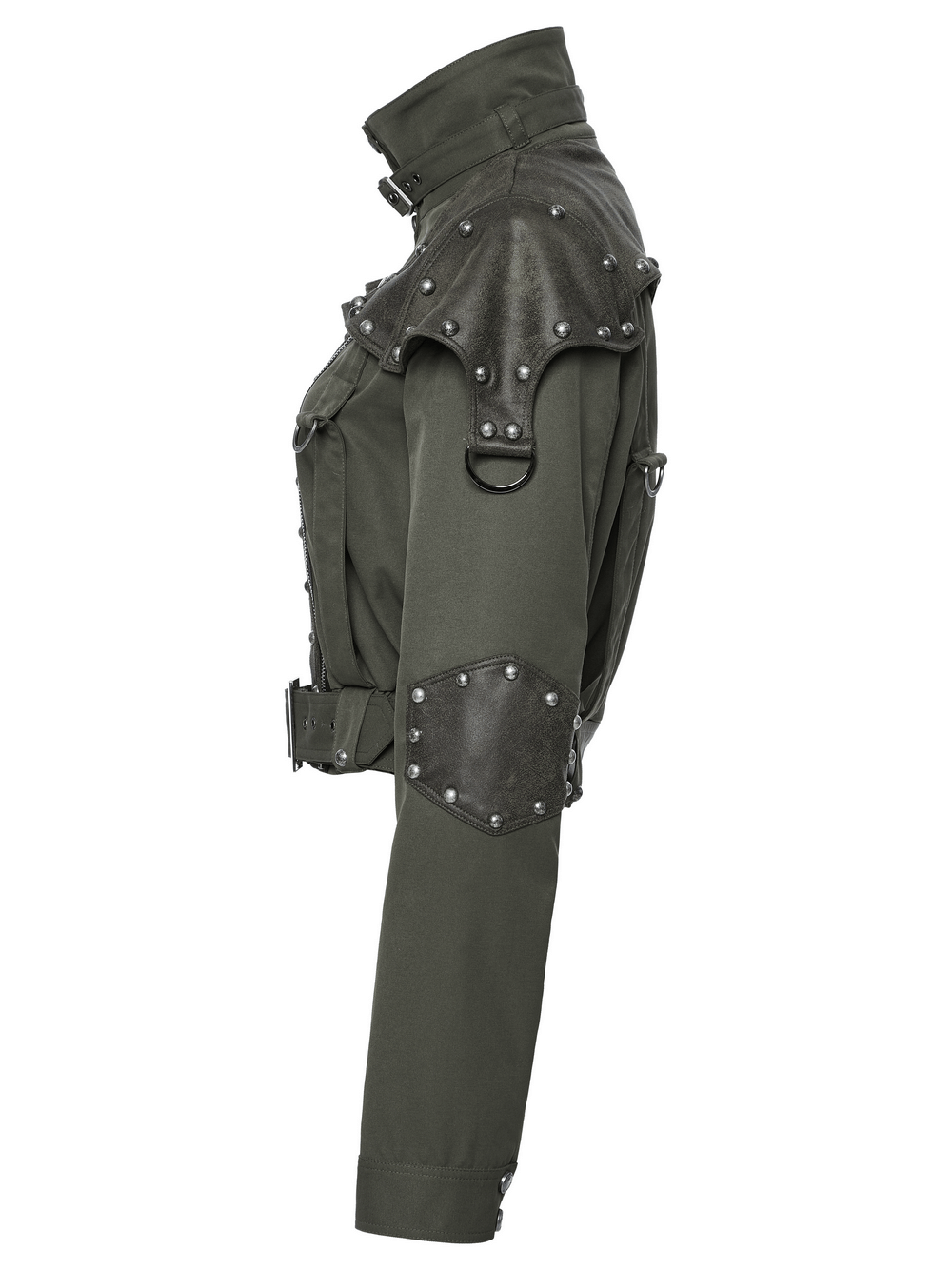 Military style short jacket with distressed rivets and adjustable collar, perfect for punk fashion.