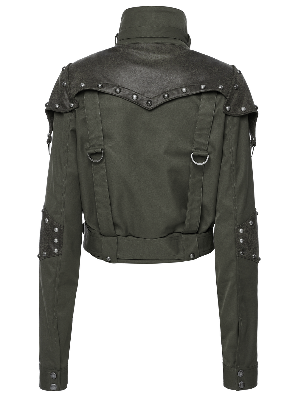 Back view of a military style short jacket with distressed rivets and adjustable collar, showcasing punk fashion.