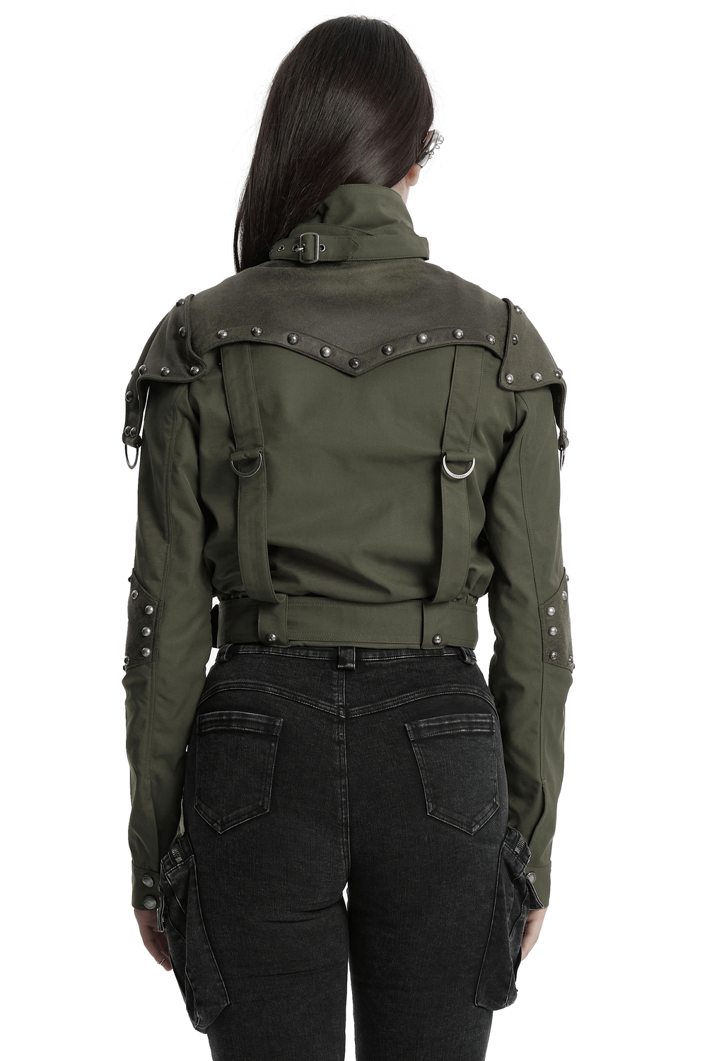 Back view of a military style short jacket with adjustable collar and distressed rivets, showcasing a punk-inspired look.
