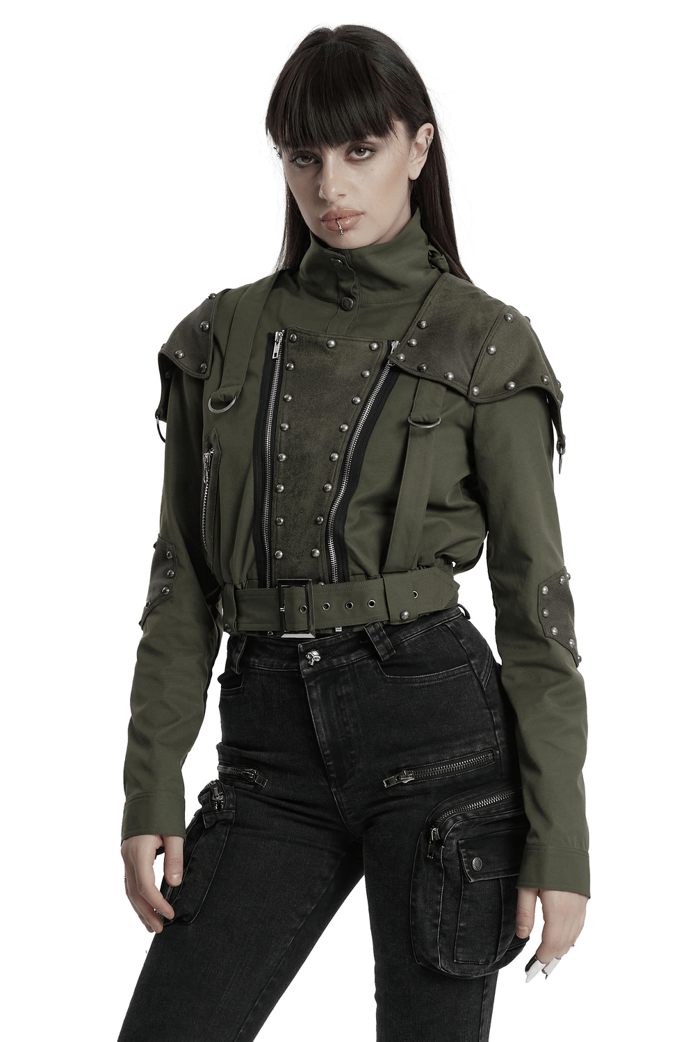 Punk military style short jacket with distressed rivets and adjustable collar, paired with edgy black pants.