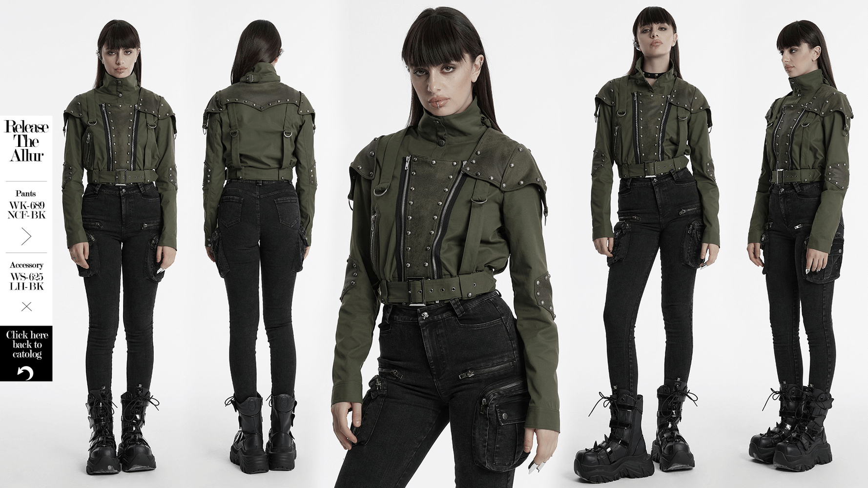 Punk style military short jacket in olive green with distressed rivets, adjustable collar, and loose fit.