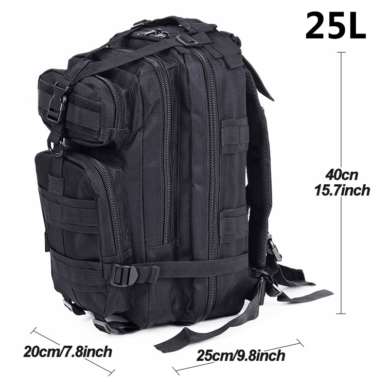 Black military tactical backpack with multiple pockets, 25L capacity, waterproof design for camping and daily use.