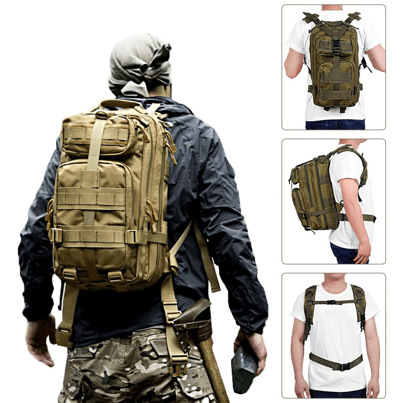Rugged unisex military tactical backpack with multiple pockets, perfect for camping and waterproof.