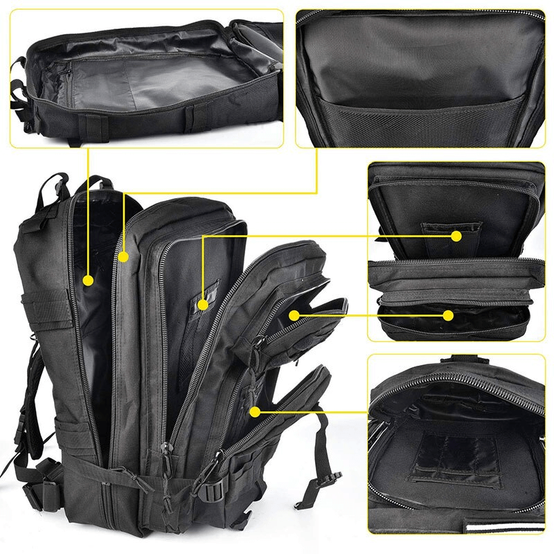 Military tactical backpack showcasing multiple pockets and compartments, designed for rugged outdoor adventures.