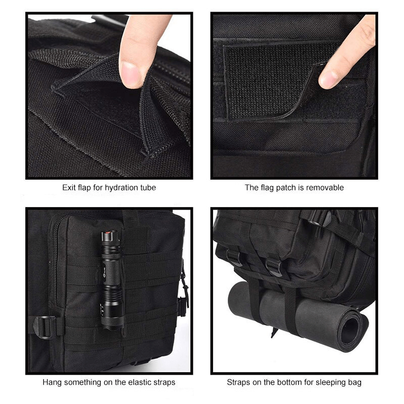 Close-up of military tactical backpack features: hydration tube flap, removable flag patch, elastic straps, and bottom straps.