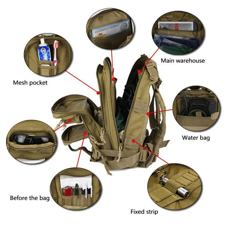 Various pockets and compartments of a military tactical backpack, showcasing organization and waterproof features.