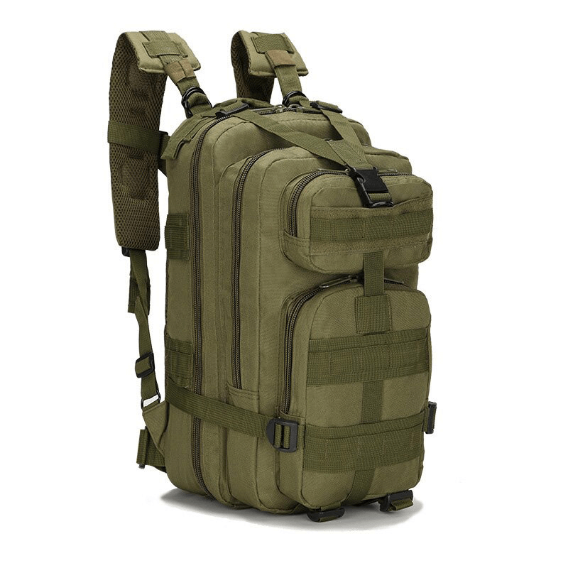 Military tactical backpack in olive green, featuring multiple pockets and waterproof material for outdoor adventures.