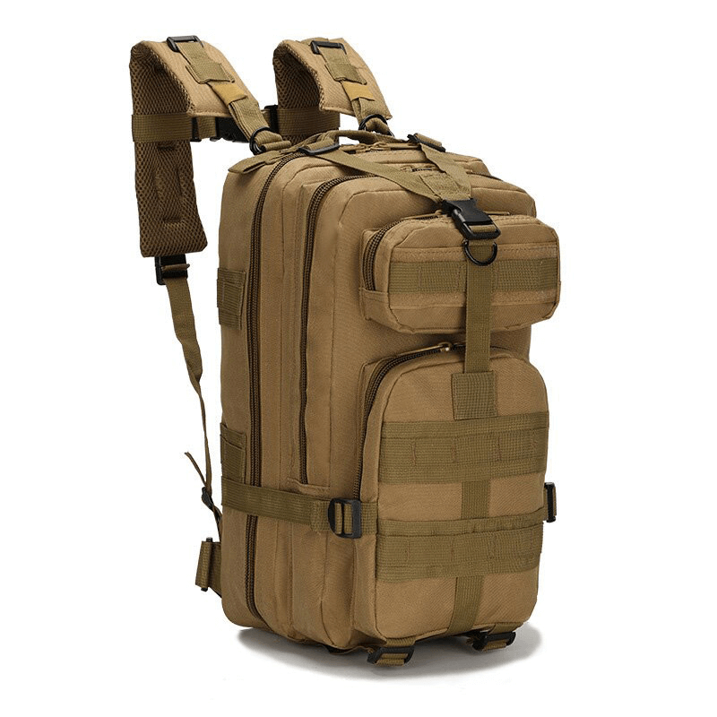 Military tactical backpack in tan color with multiple pockets, ideal for camping and outdoor adventures.