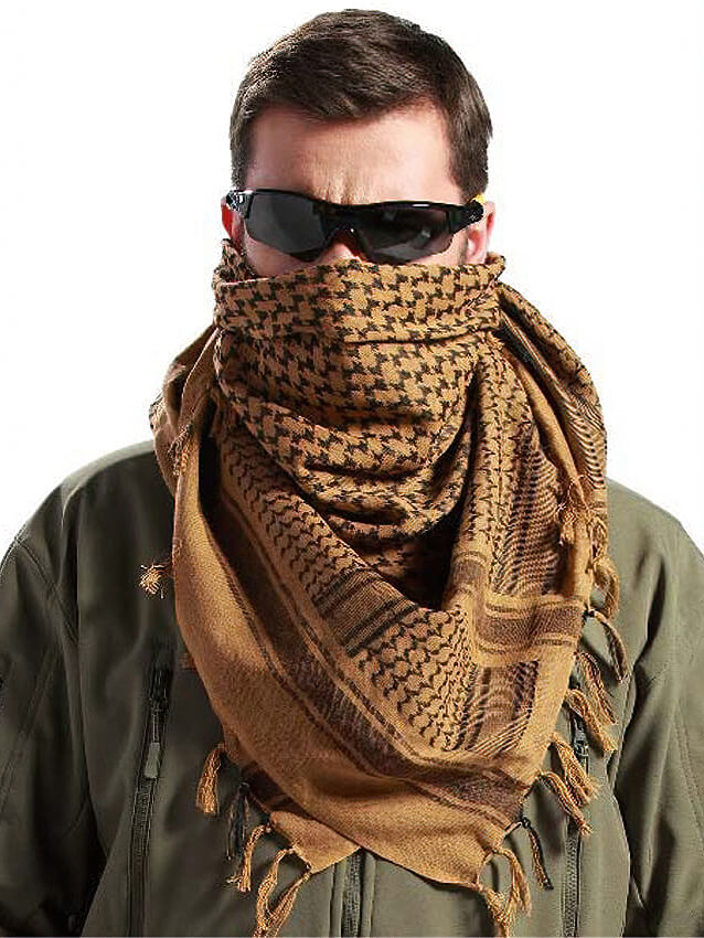 Military tactical shemagh scarf in desert tan, providing neck protection and style for outdoor adventures.