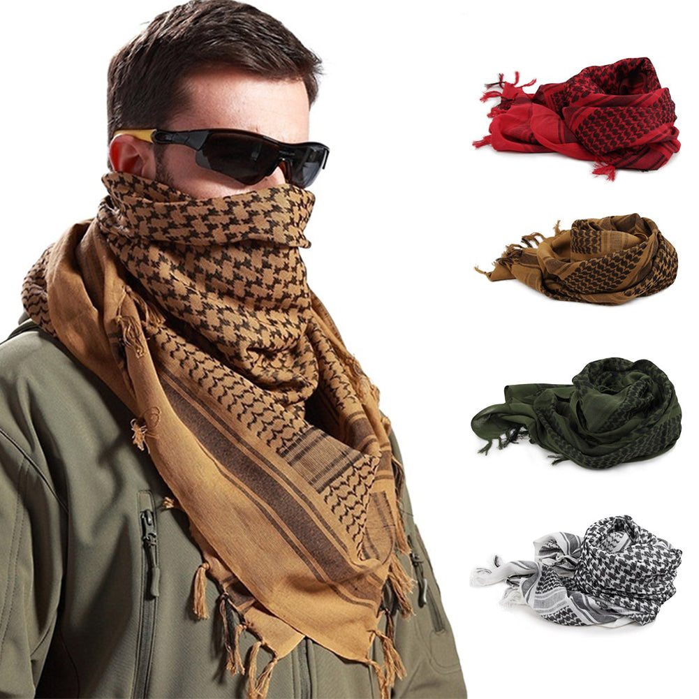 Military tactical shemagh Arab scarf worn by a man, showcasing various color options and versatile styling for outdoor activities.