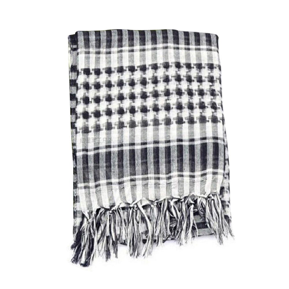Military tactical shemagh in black and white plaid design, ideal for neck cover and outdoor activities.