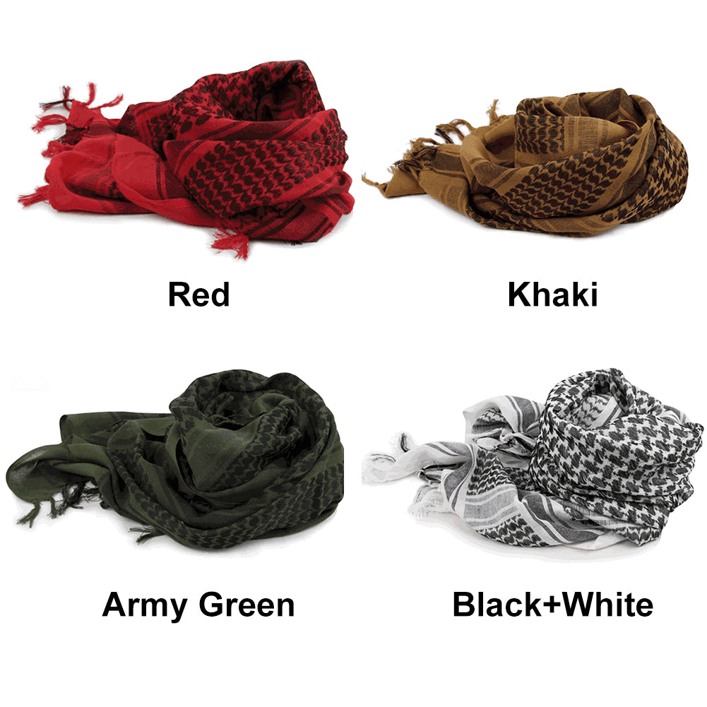Color options for Military Tactical Shemagh: Red, Khaki, Army Green, and Black+White scarves.