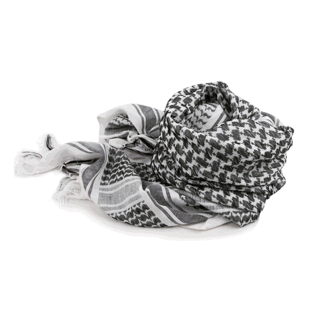 Military tactical shemagh scarf in black and white, perfect for neck cover and warmth during outdoor activities.