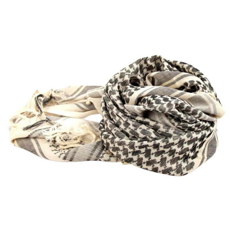 Military tactical shemagh scarf in black and beige, ideal for neck covering in outdoor activities like climbing and cycling.