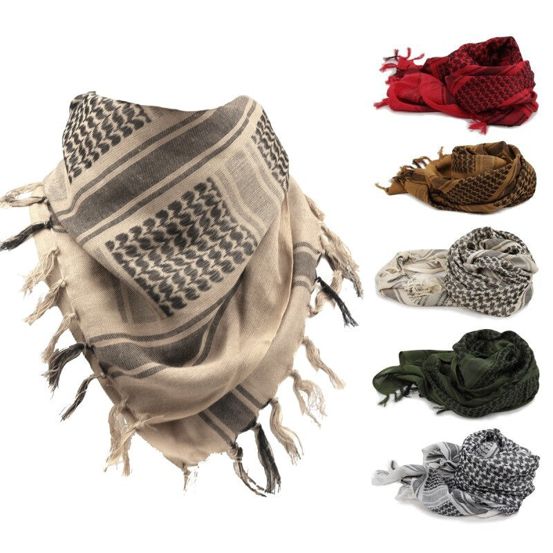 Military tactical shemagh scarves in various colors for desert wear, providing neck warmth and sun protection.
