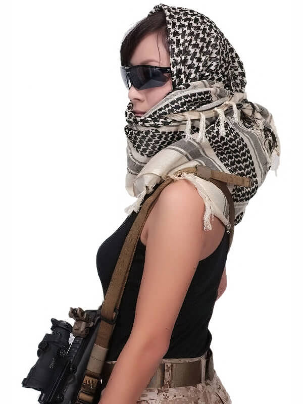 Military tactical shemagh scarf worn by a person with sunglasses, ideal for outdoor protection and style.