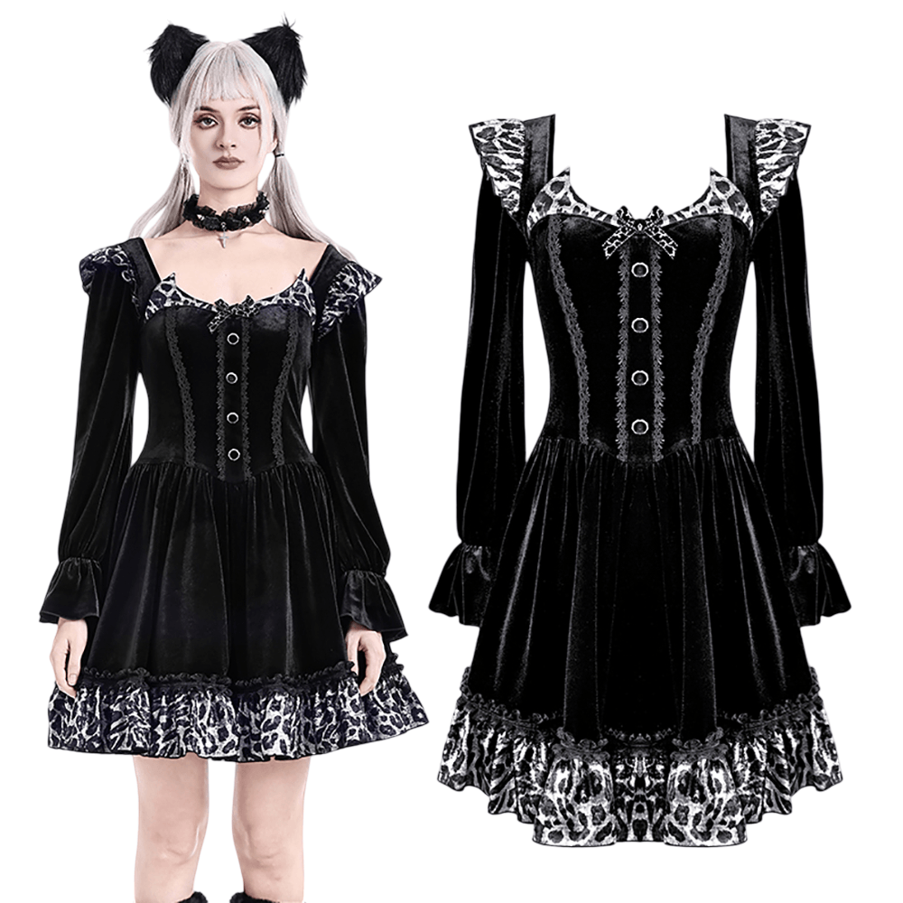 Mini Dress with Leopard Print Ruffles and Flared Sleeves black velvet square-neck dress with lace trim, button front and ruffled hem