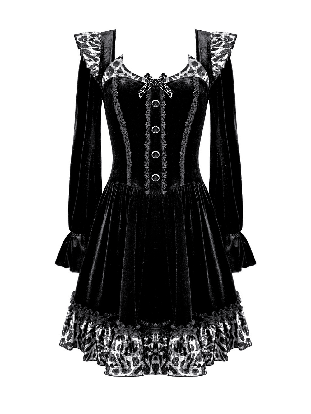 Mini Dress with Leopard Print Ruffles and Flared Sleeves, black square-neck gothic style with lace trim and buttons