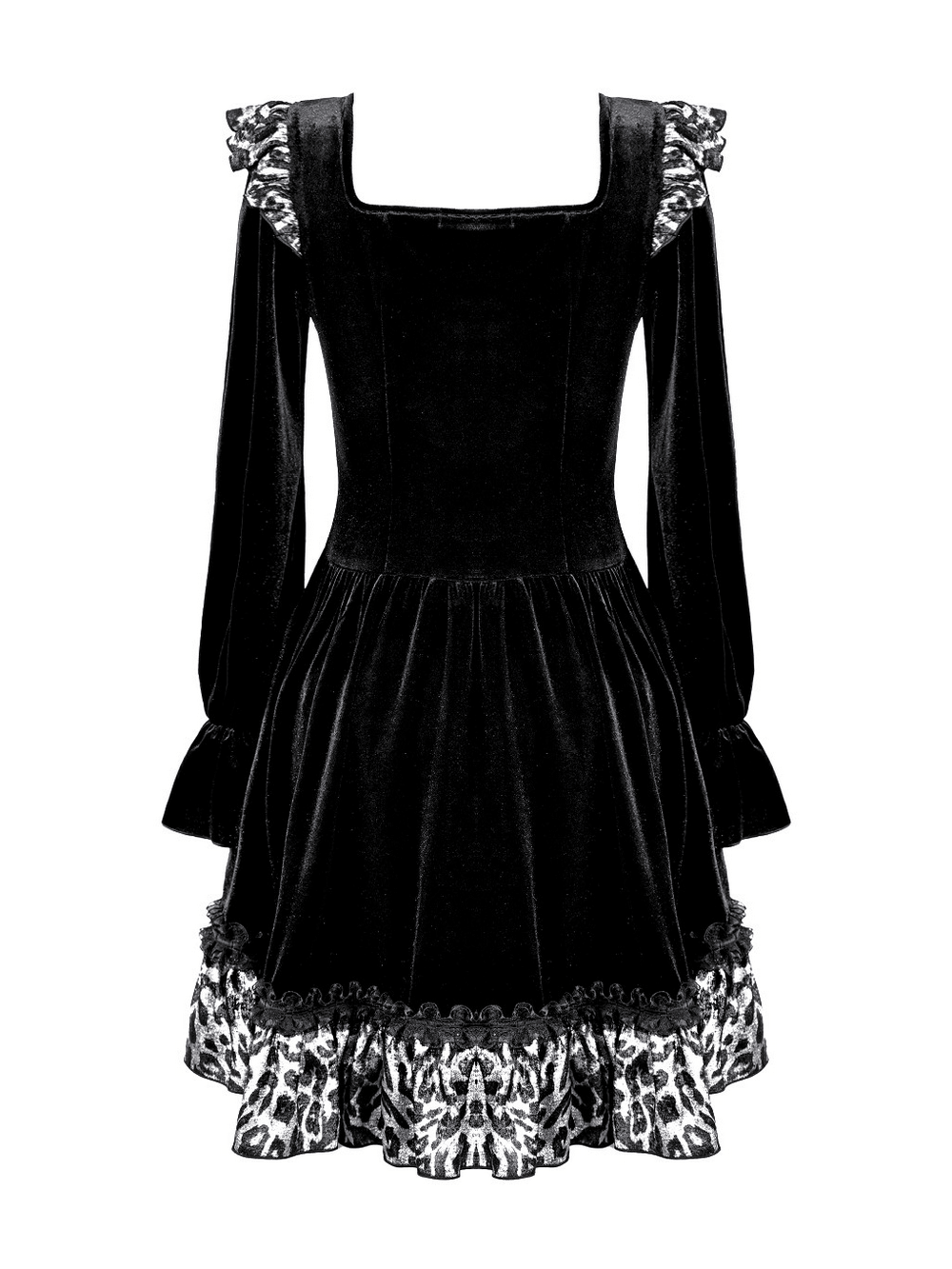 Mini Dress with Leopard Print Ruffles and Flared Sleeves, square neck black velvet dress with gathered skirt
