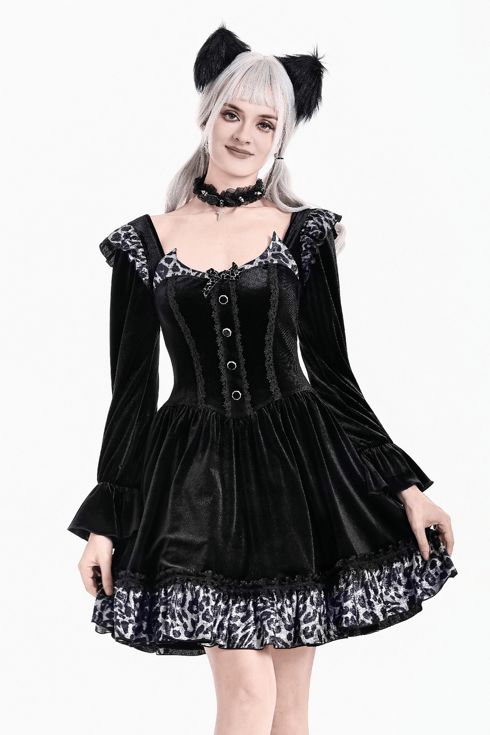Mini Dress with Leopard Print Ruffles and Flared Sleeves, black gothic mini dress with square neck and ruffled hem