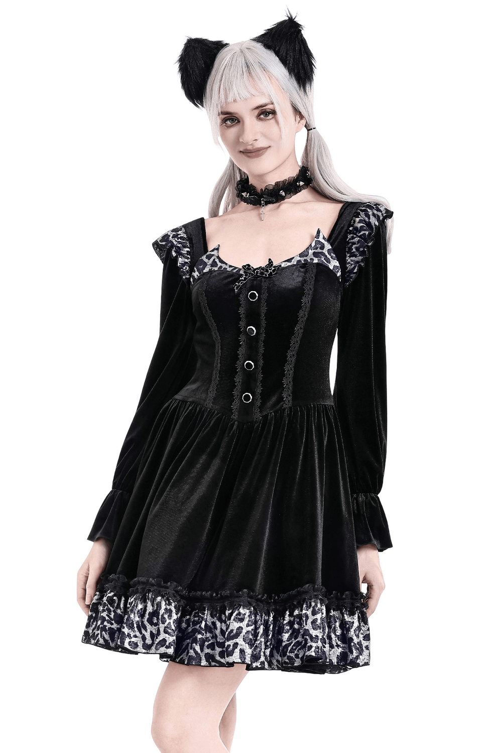 Mini Dress with Leopard Print Ruffles and Flared Sleeves, black gothic-style dress with cat ear headband