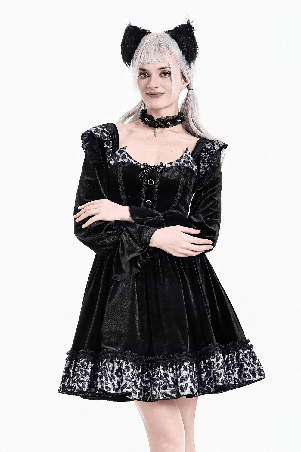 Mini Dress with Leopard Print Ruffles and Flared Sleeves black velvet dress with leopard hem and flared cuffs