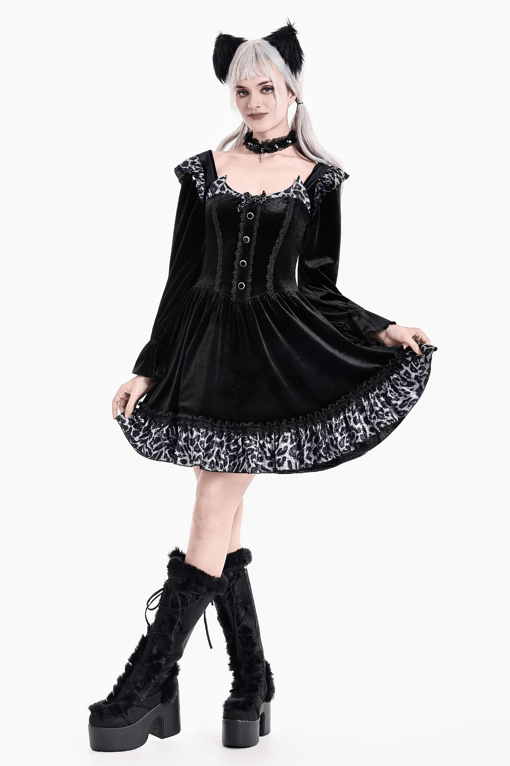 Mini Dress with Leopard Print Ruffles and Flared Sleeves, black velvet dress with cat-ear details and leopard hem