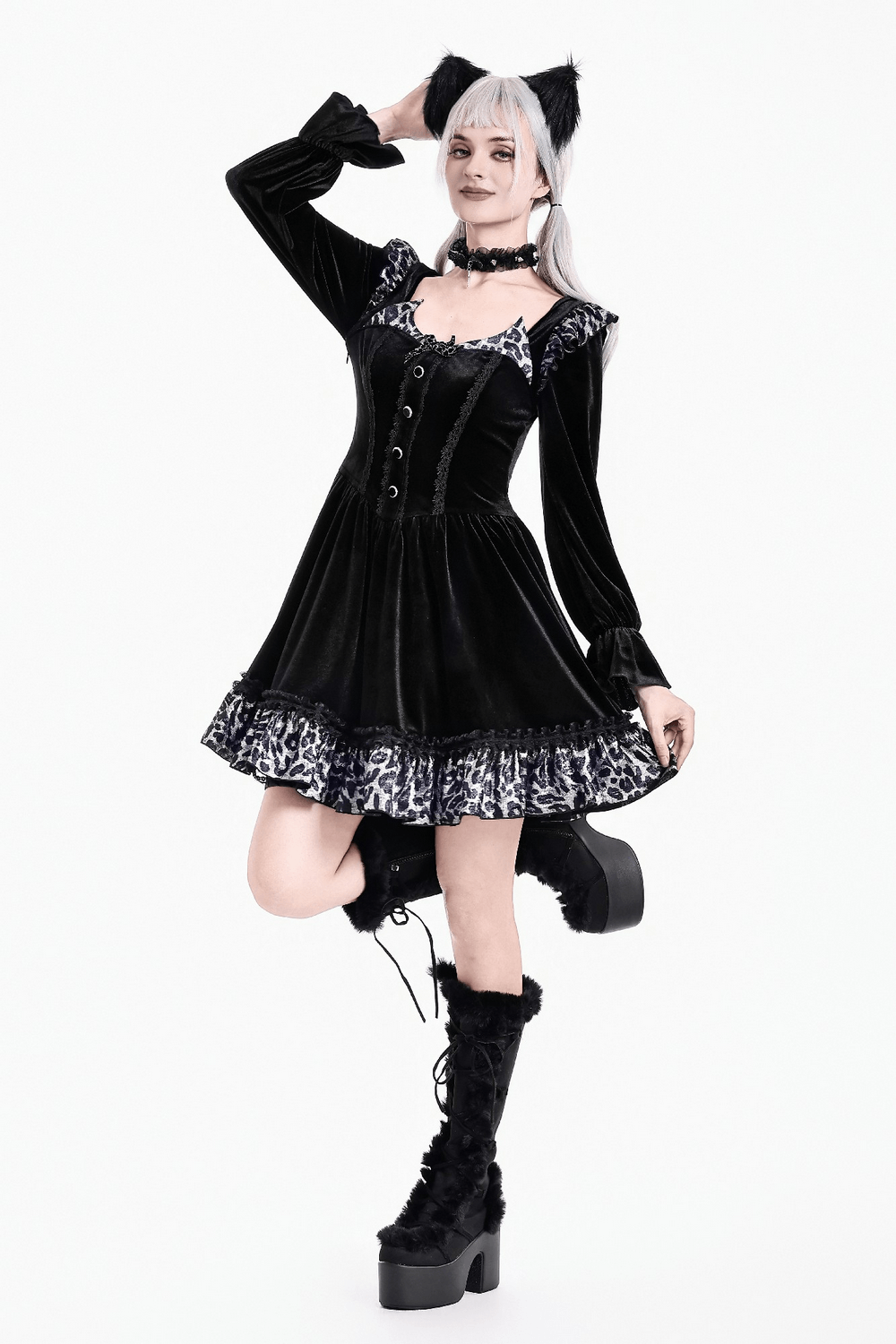 Mini Dress with Leopard Print Ruffles and Flared Sleeves, black gothic mini dress with cat ears and leopard hem
