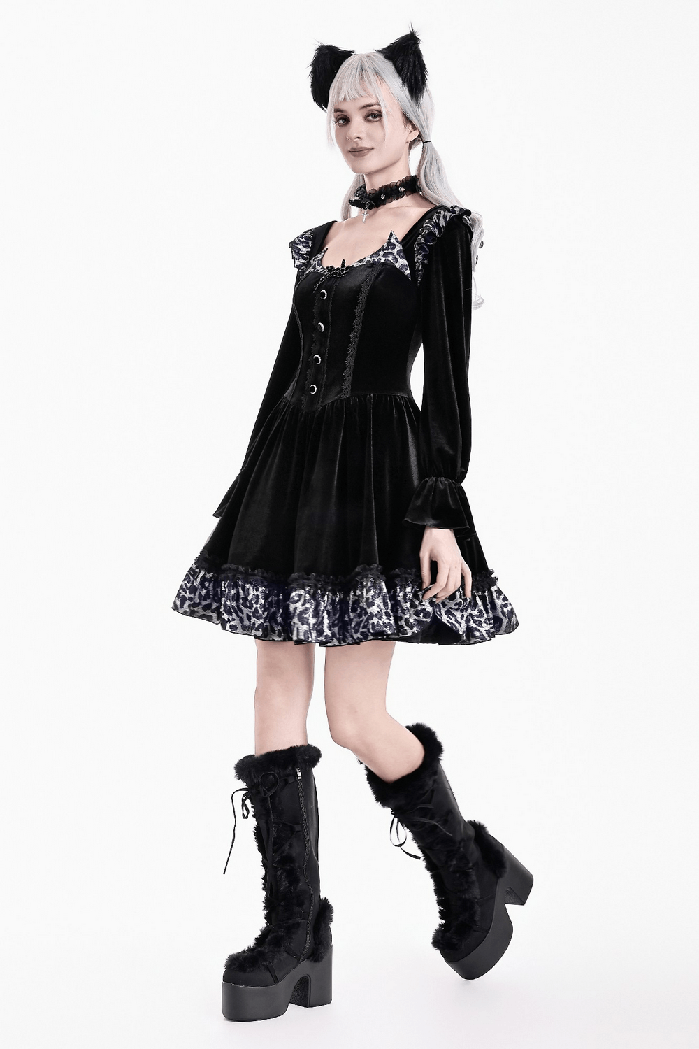 Mini Dress with Leopard Print Ruffles and Flared Sleeves, black gothic style with cat ears and platform boots