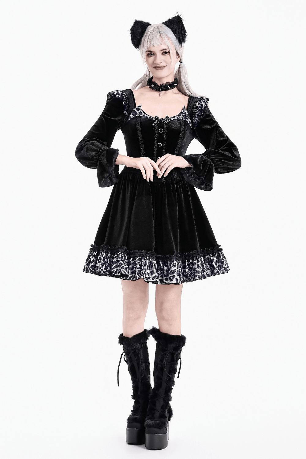 Mini Dress with Leopard Print Ruffles and Flared Sleeves, black velvet dress with leopard hem and cat ears