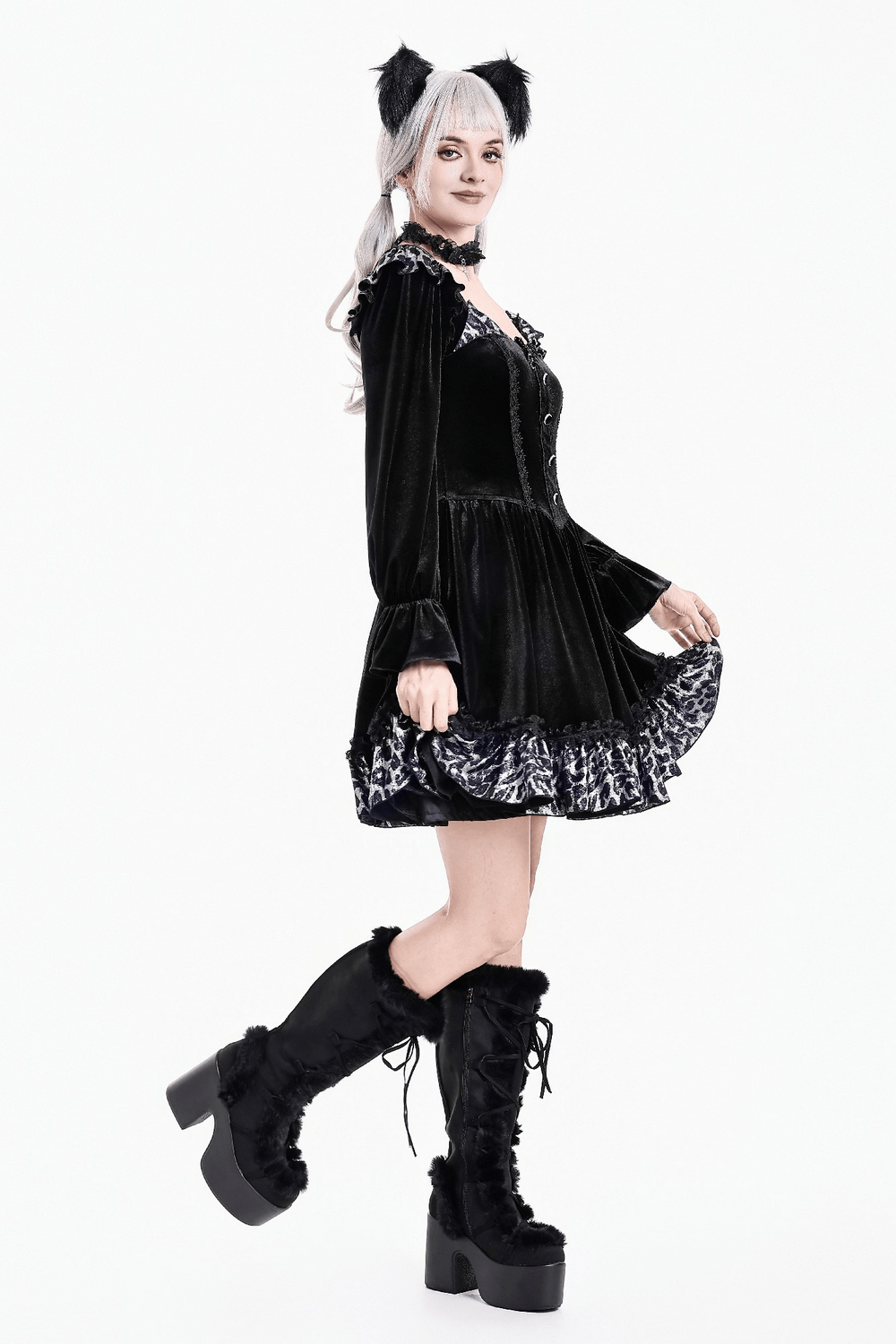 Mini Dress with Leopard Print Ruffles and Flared Sleeves, black gothic velvet dress with playful leopard hem