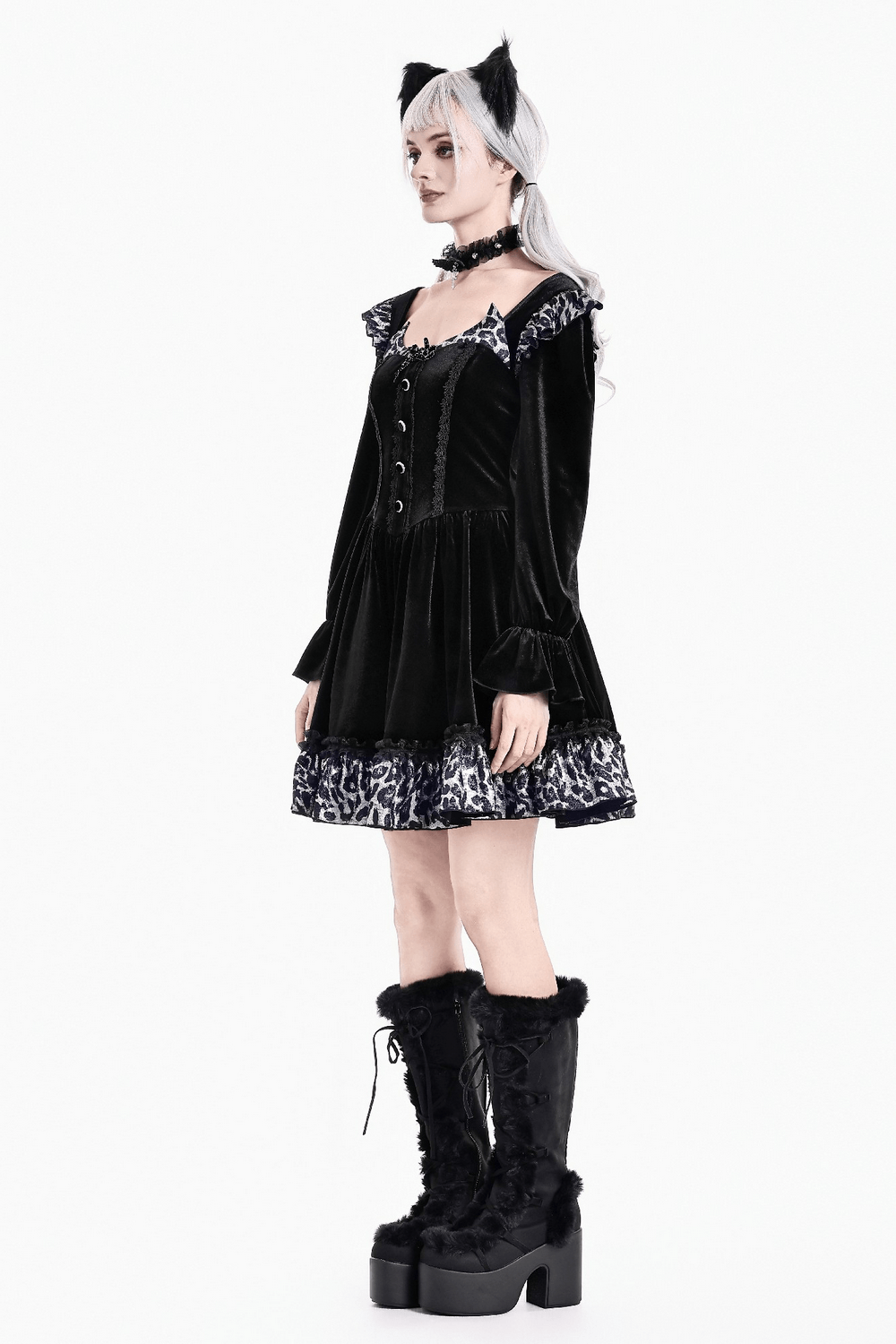 Mini Dress with Leopard Print Ruffles and Flared Sleeves black velvet dress with cat ears and leopard hem