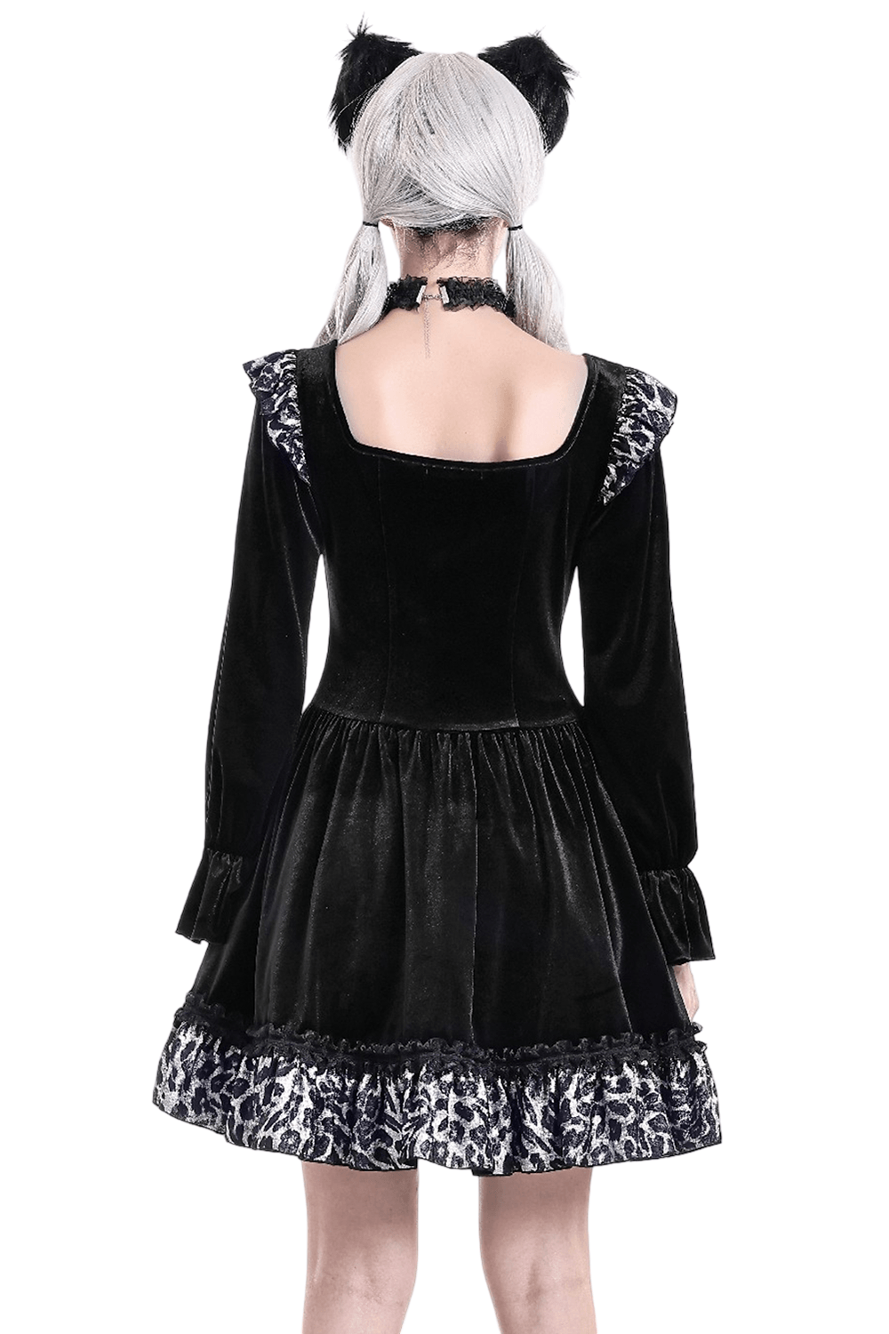 Mini Dress with Leopard Print Ruffles and Flared Sleeves, black velvet dress with cat-ear headband