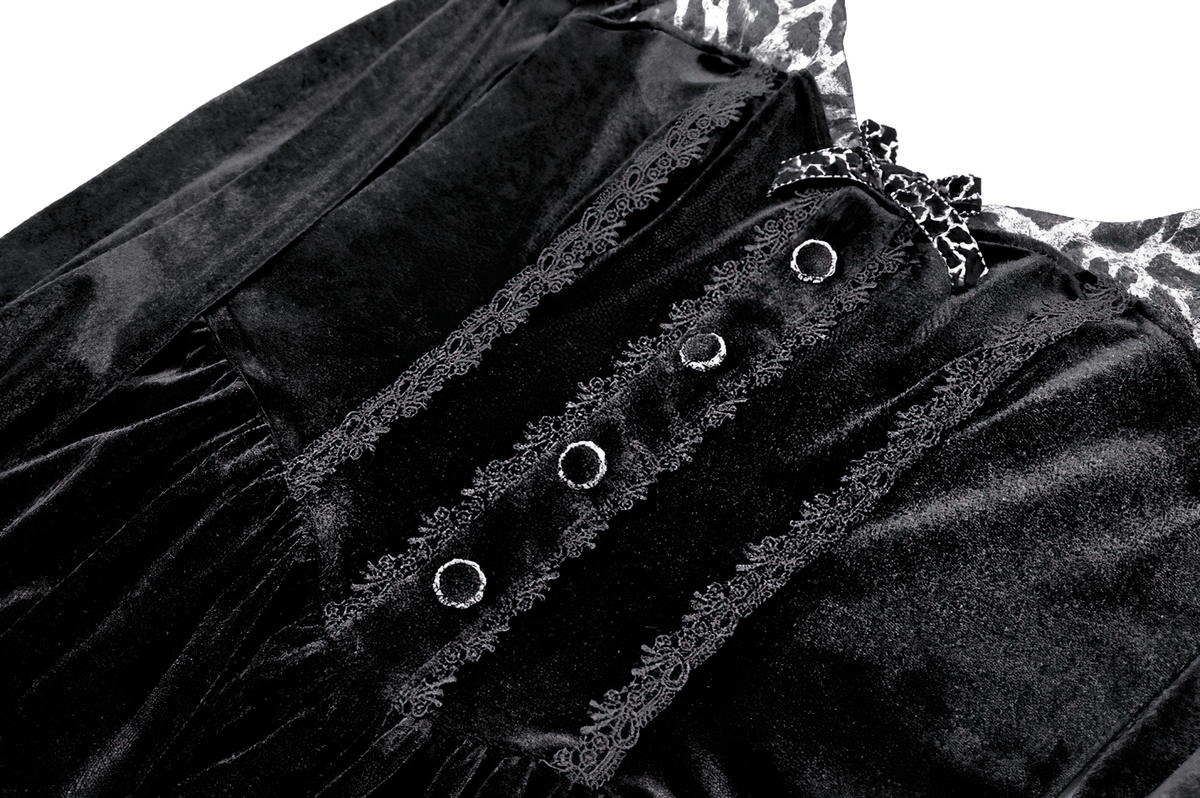 Mini Dress with Leopard Print Ruffles and Flared Sleeves black velvet mini dress with lace trim and decorative buttons