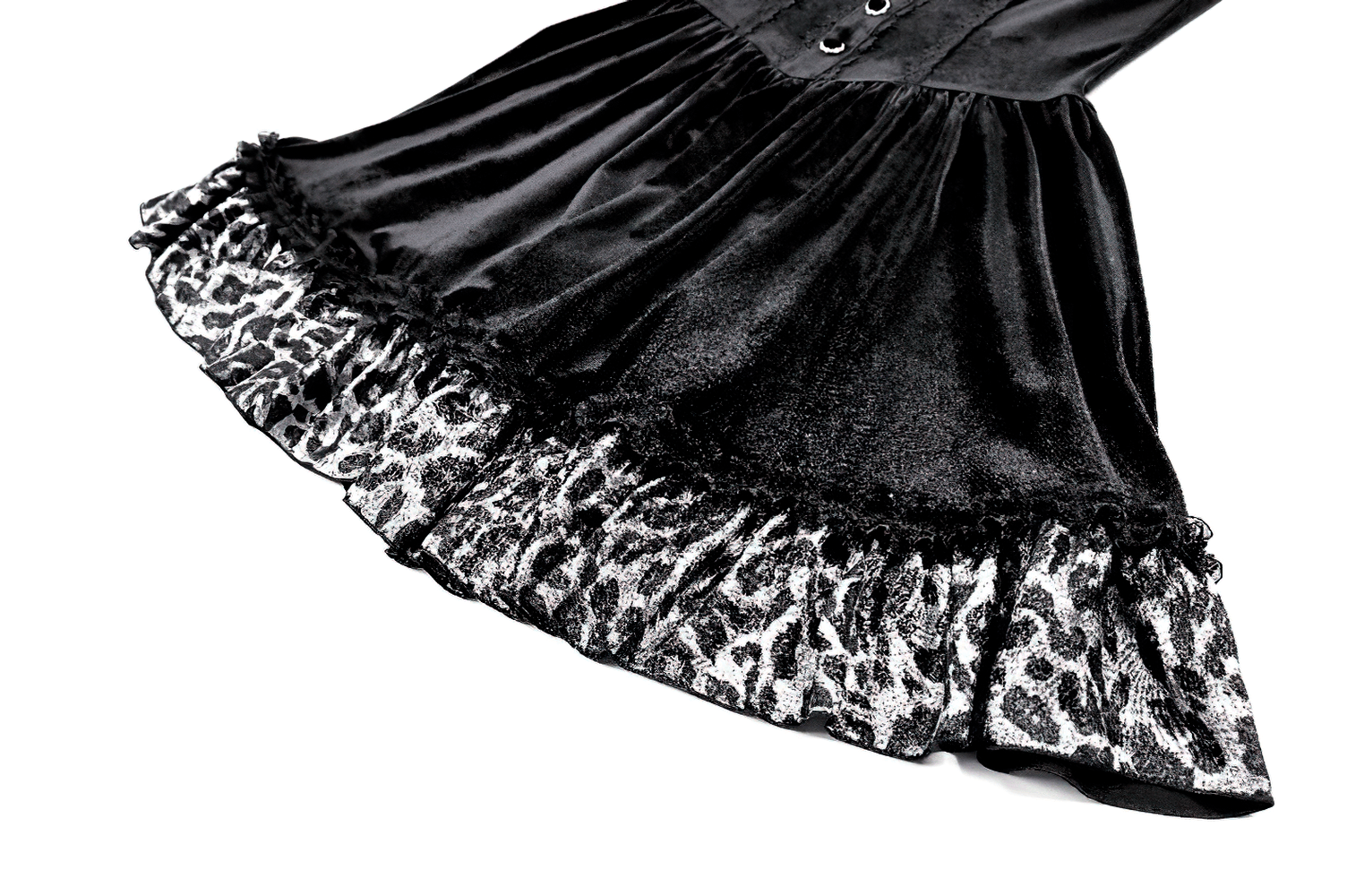Mini Dress with Leopard Print Ruffles and Flared Sleeves, black mini dress with playful leopard hem and flared cuffs