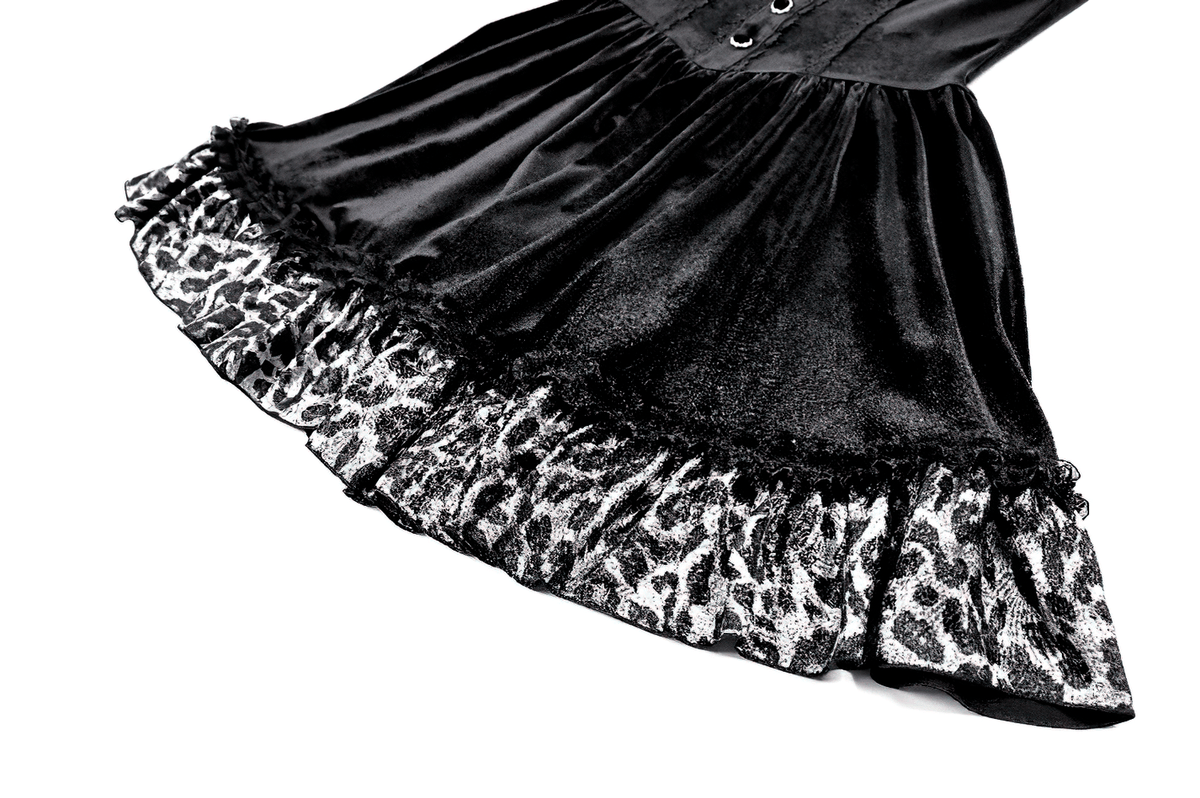 Mini Dress with Leopard Print Ruffles and Flared Sleeves, black mini dress with playful leopard hem and flared cuffs