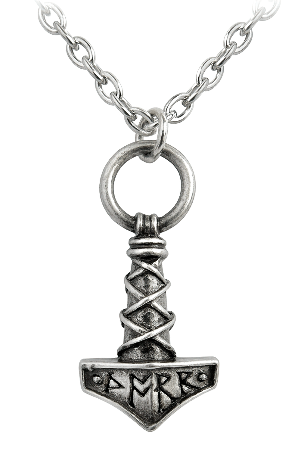 Mini Norse Mjolnir pendant with runic detailing on a silver-tone chain, symbolizing strength and protection.