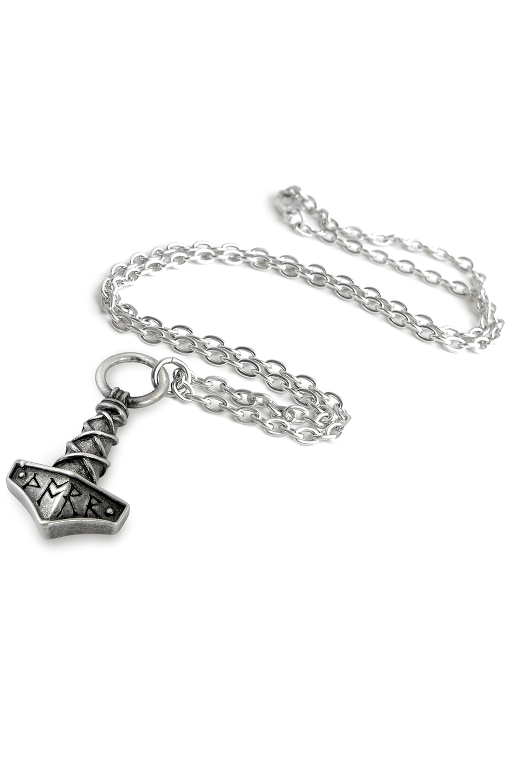 Mini Norse Mjolnir pendant on silver chain, featuring runic detailing, symbolizing strength and protection.