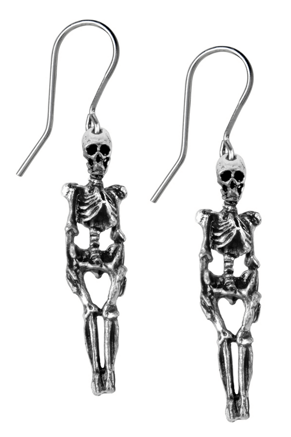 Mini pewter skeleton dangle earrings on surgical steel hooks, perfect for gothic and alternative fashion.