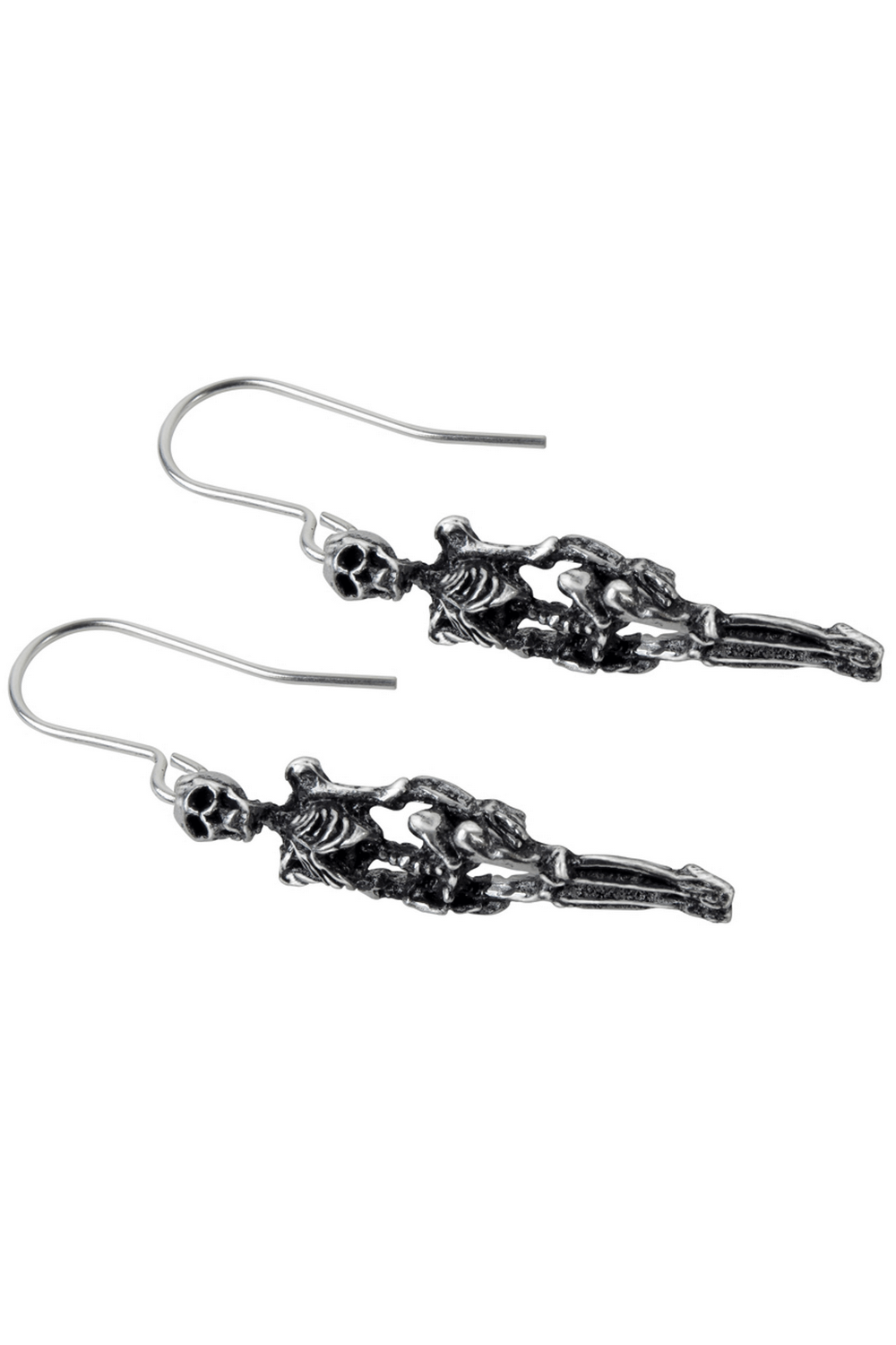 Mini pewter skeleton dangle earrings with surgical steel hooks for a gothic, alternative style.