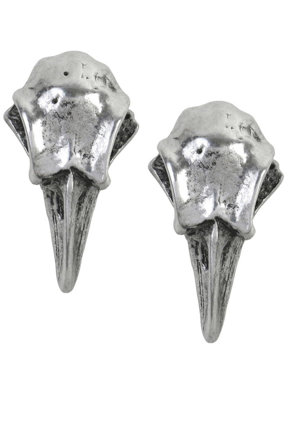 Miniature pewter raven skull earrings with surgical steel posts for secure wear.