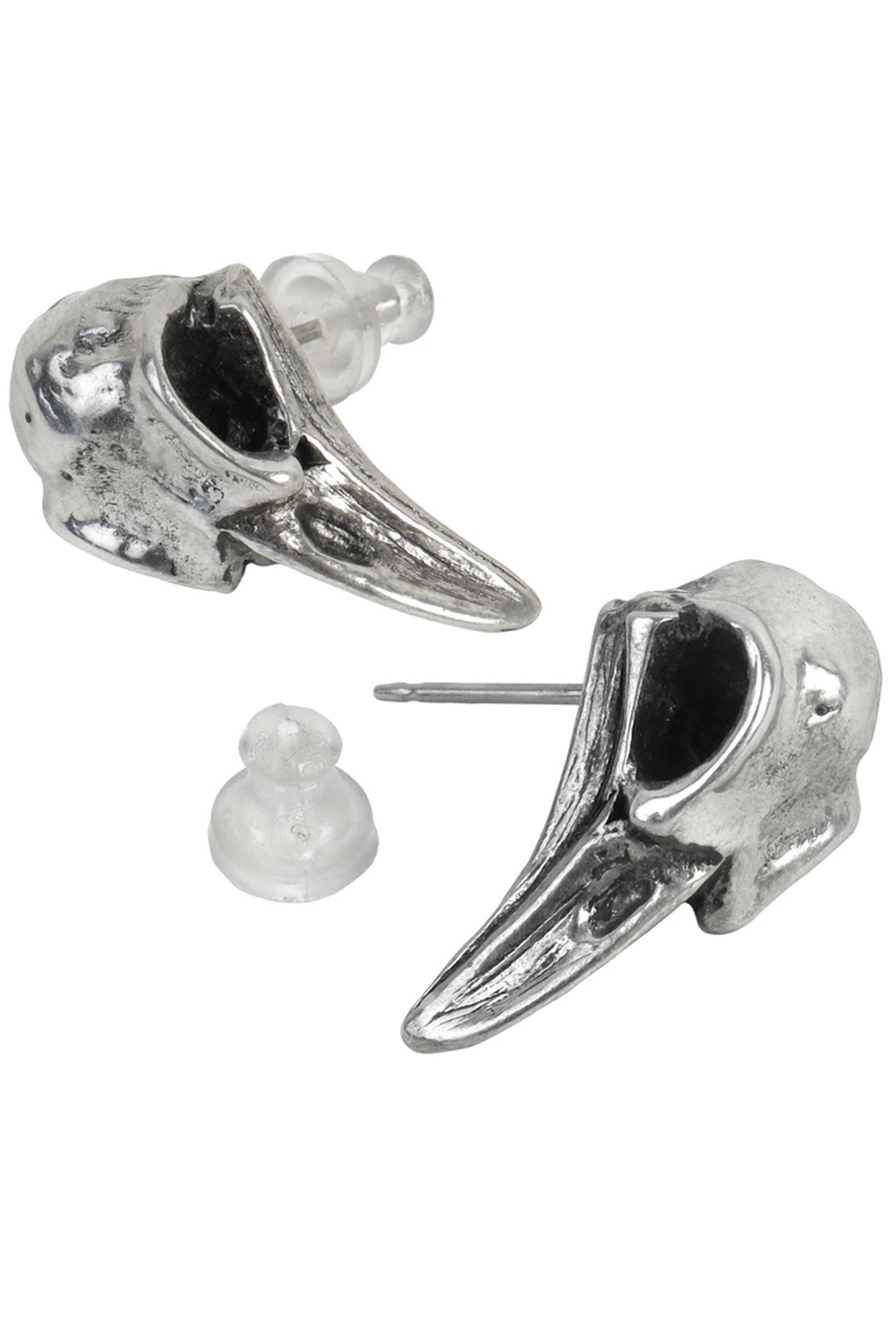 Miniature pewter raven skull earrings with surgical steel posts, showcasing intricate details.