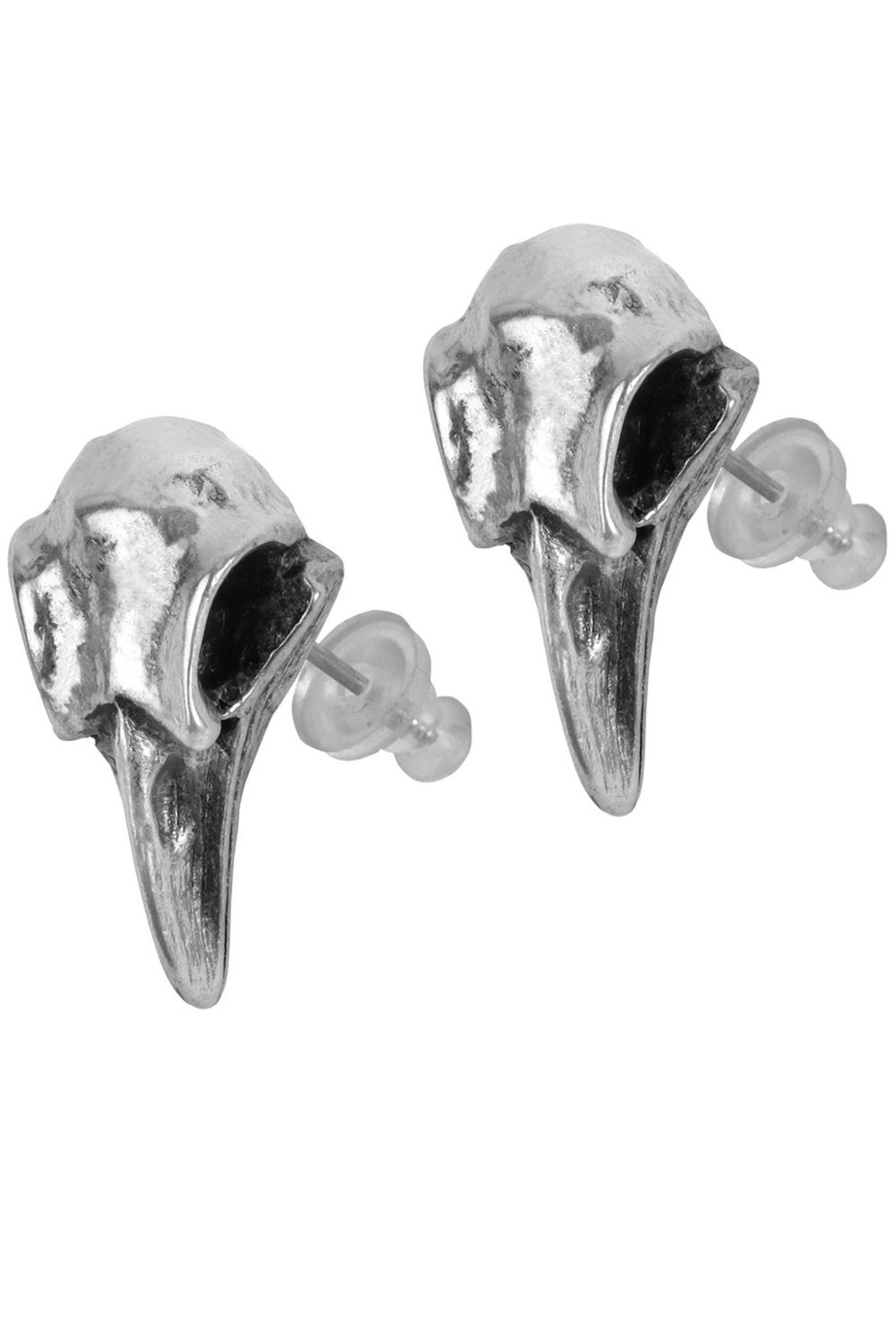 Miniature pewter raven skull earrings with surgical steel posts for secure wear.