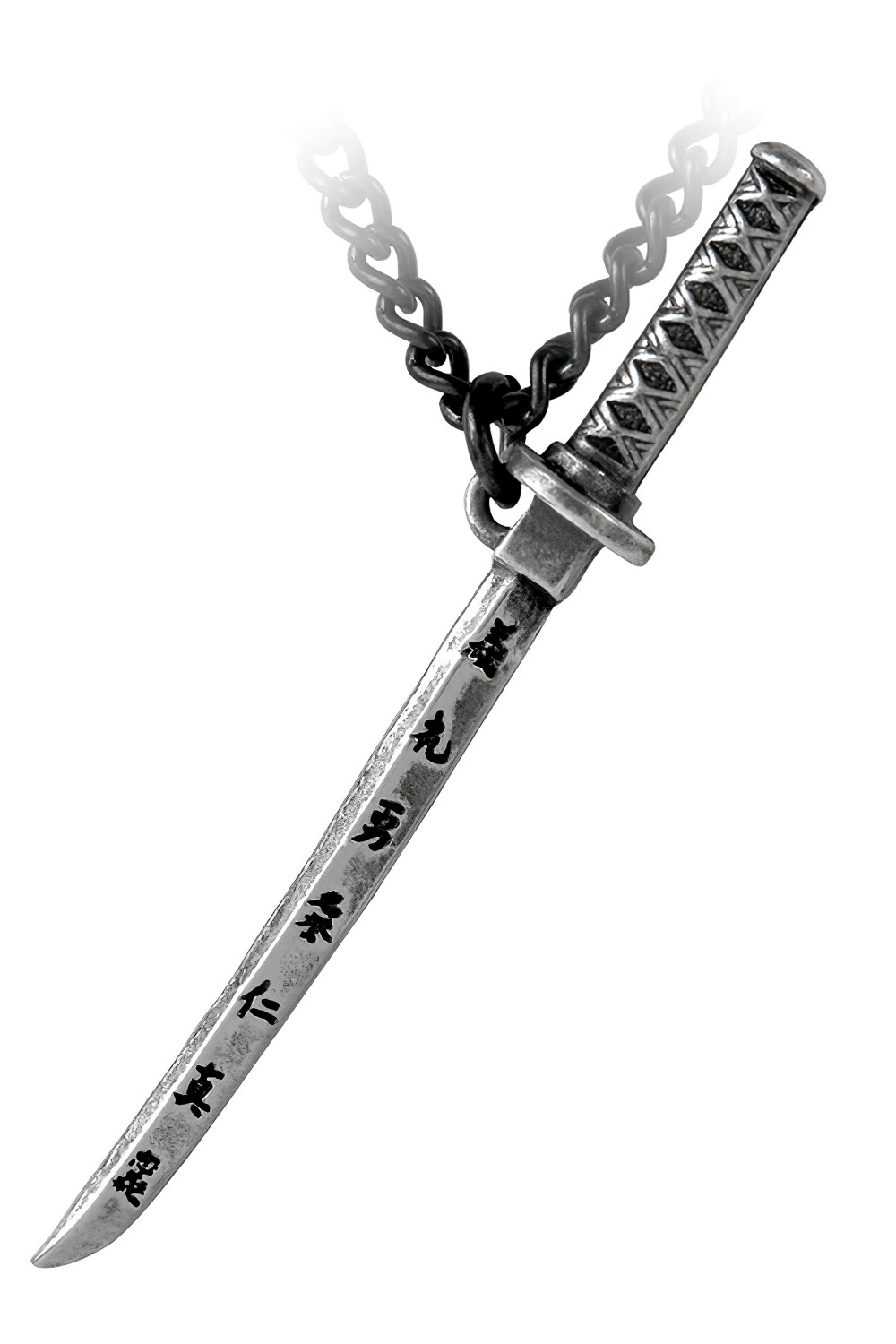 Miniature samurai katana pendant with Bushido virtues engraved in katakana characters.