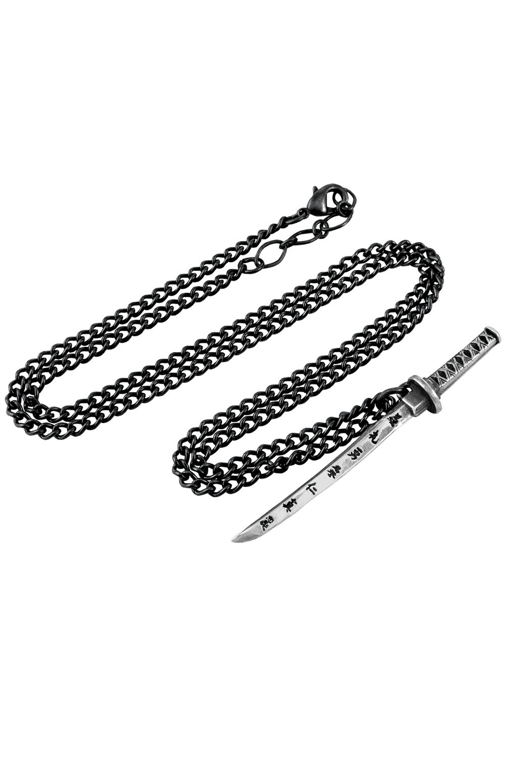 Miniature Samurai Katana Pendant with engraved Bushido virtues on a chain necklace.