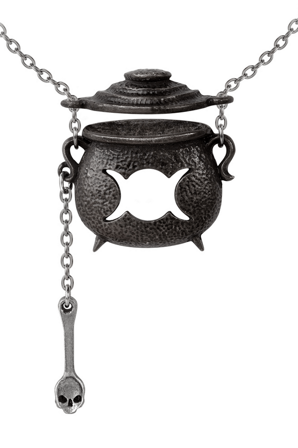 Miniature witches cauldron necklace with skull ladle, featuring intricate triple moon design and movable lid.