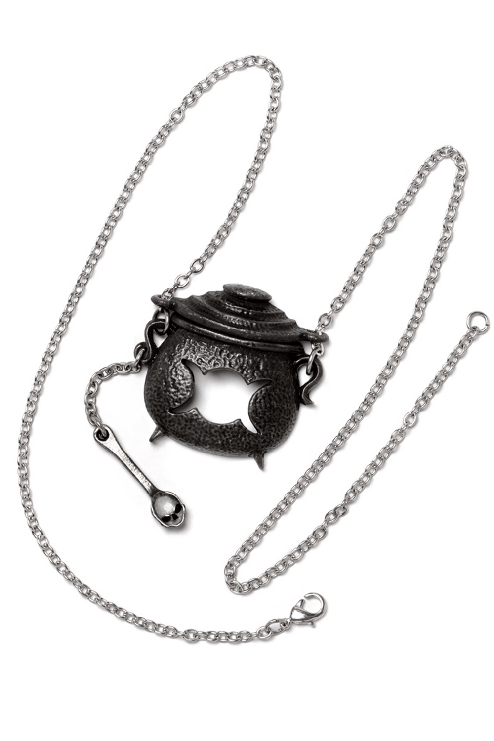 Miniature witches cauldron necklace with skull ladle, perfect for witchcraft-inspired fashion.